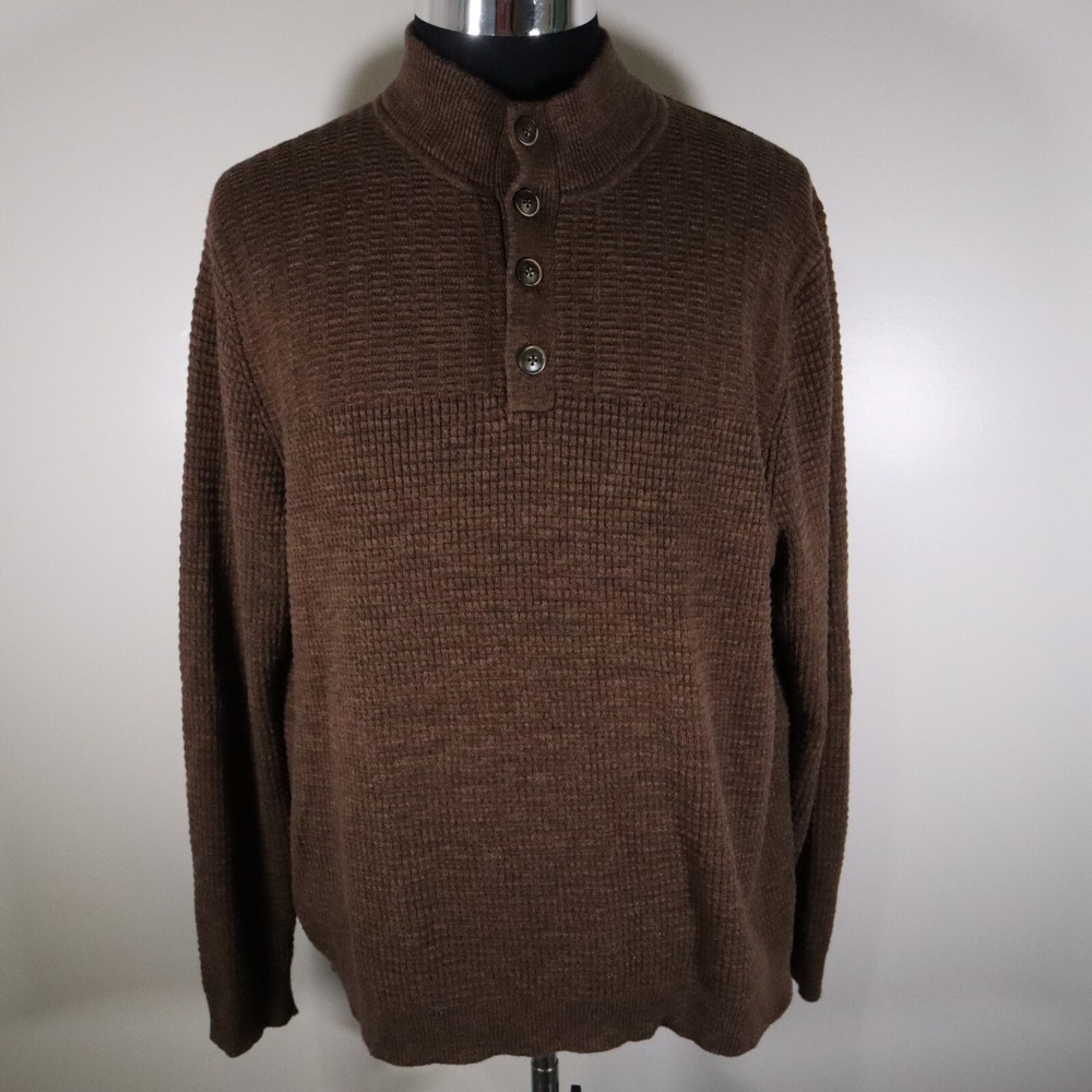 Tommy Bahama Sweater Mens XL 1/4‎ Button Pullover Mock Neck Brown Long Sleeve